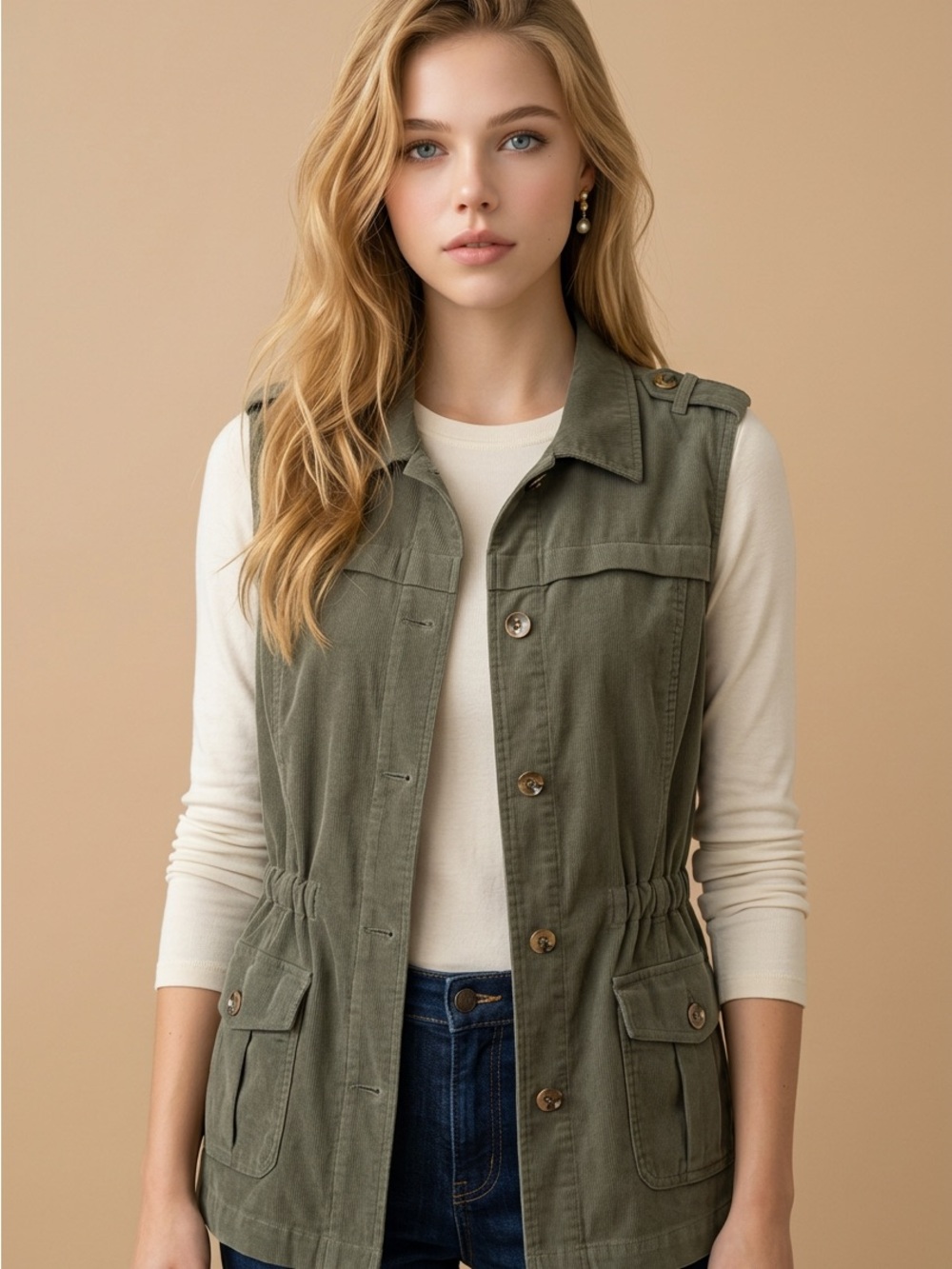 Chico’s olive Utility Drawstring Waist Vest for Women